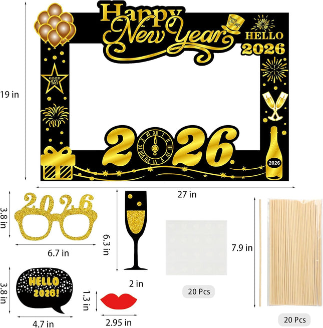 20-Piece Happy New Year 2026 Photo Booth Props – Black & Gold Set