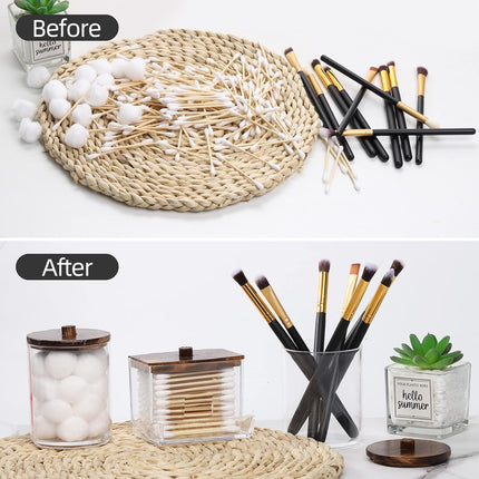 Qtips Holder Bathroom Jar – 10 OZ Cotton Ball & Swab Dispenser, Brown Lid