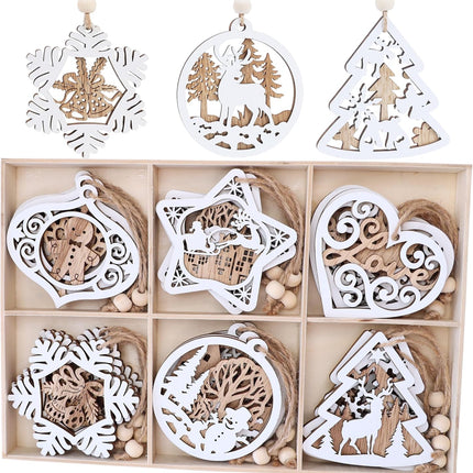 24Pcs Wooden Christmas Ornaments Rustic 3D Farmhouse Tree Decorations