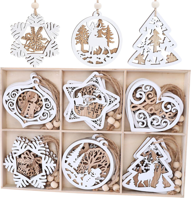 24Pcs Wooden Christmas Ornaments Rustic 3D Farmhouse Tree Decorations