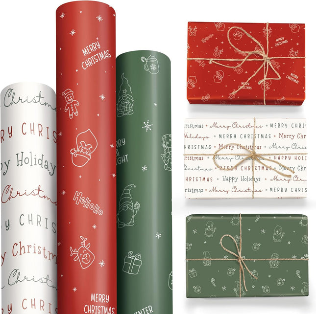 3-Pack Christmas Wrapping Paper Rolls – Elegant & Cute Holiday Gift Wrap