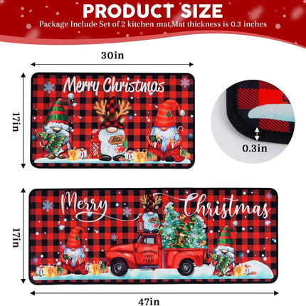 2-Pc Christmas Kitchen Mats Set, Buffalo Plaid & Gnome Truck, 17"x30" + 17"x47"