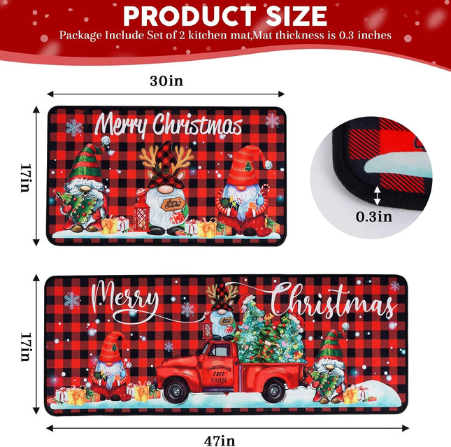 2-Pc Christmas Kitchen Mats Set, Buffalo Plaid & Gnome Truck, 17"x30" + 17"x47"