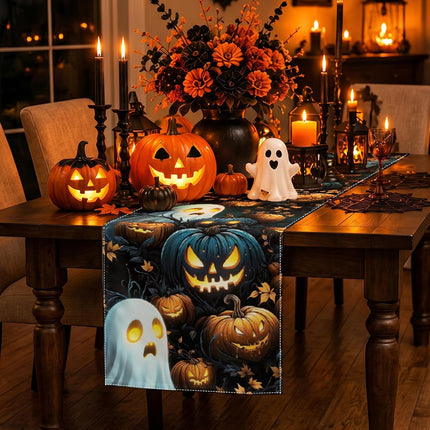 Halloween Scary Pumpkin Table Runner 13x72in, Spooky Kitchen Dining Party Decor