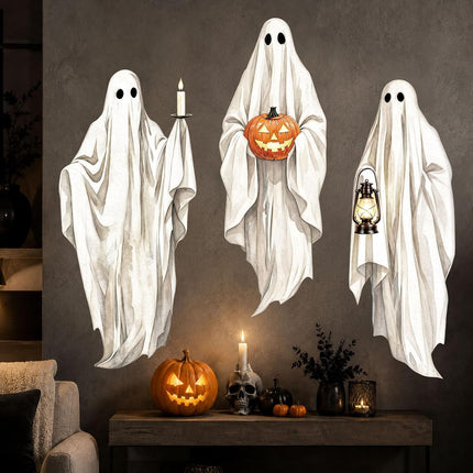 3-Sheet Extra Large Halloween Ghost Wall Stickers, Vintage White Floating Ghost Decals
