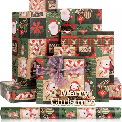 Christmas Kraft Wrapping Paper Roll – Snowflake & Santa Vintage Design