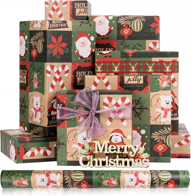 Christmas Kraft Wrapping Paper Roll – Snowflake & Santa Vintage Design