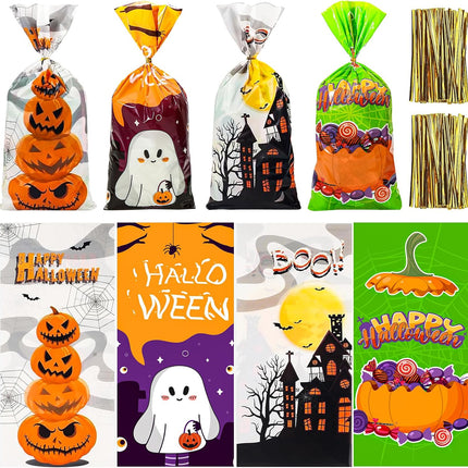 120PCS Halloween Treat Bags, Plastic Candy Goodie Bags with Twist Ties for Parties