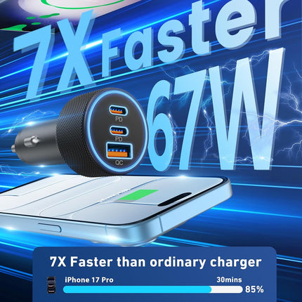 67W USB C Car Charger 3 Port Fast Charging Adapter for iPhone Samsung