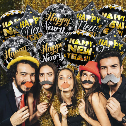 Happy New Year 2026 Balloon Kit – 9-Pc 18in Black & Gold Party Balloons
