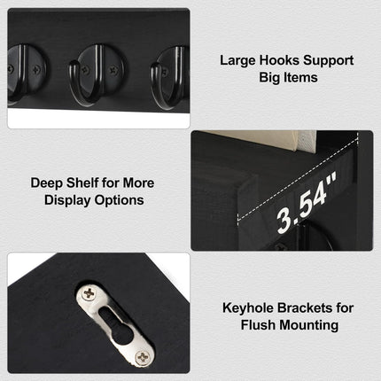 Wall Key Holder with Shelf – Large Hooks for Keys, Bags & Coats, Paulownia Wood