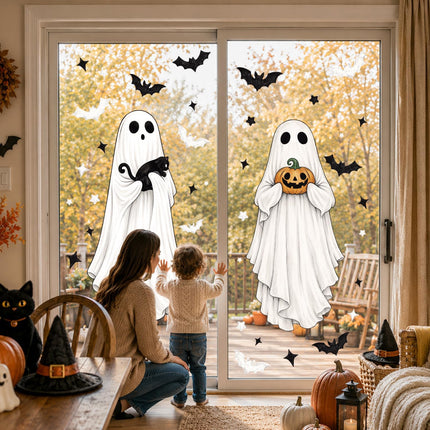 3-Sheet Large Halloween Window Clings, Ghost Bat Black Cat Pumpkin Glass Decals