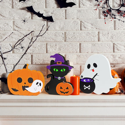 3-Piece Cute Halloween Wooden Decor, Ghost & Pumpkin Tabletop Tiered Tray Signs