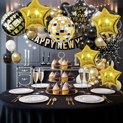18-Piece Black & Gold Foil Balloons – Happy New Year 2026 Decorations