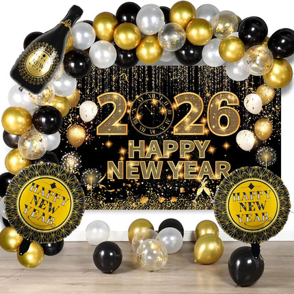 74-Piece New Year 2026 Balloon Arch – Black & Gold NYE Party Decor