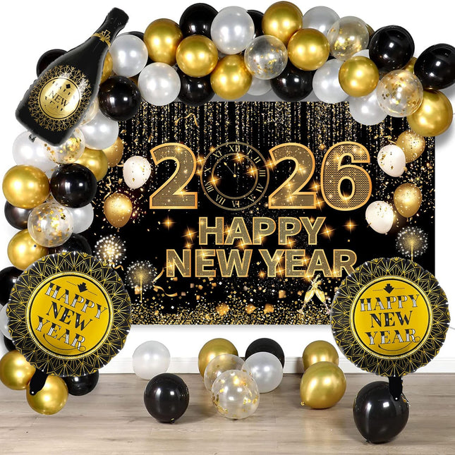 74-Piece New Year 2026 Balloon Arch – Black & Gold NYE Party Decor