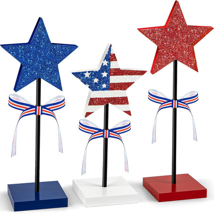 3 Pcs 4th of July Wooden Star Table Decor Patriotic Tiered Tray Decorations