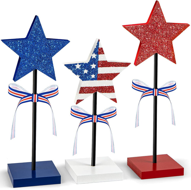 3 Pcs 4th of July Wooden Star Table Decor Patriotic Tiered Tray Decorations
