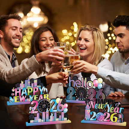 4-Piece 2026 New Year Eve Table Decorations – Colorful Wood Tabletop Set