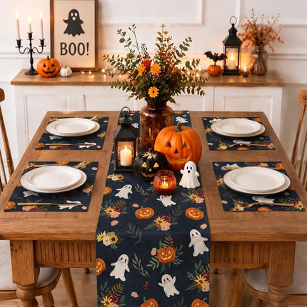 Halloween Table Runner Set, 4 Mats & 4 Gift Bags, Pumpkin Ghost Dining Table Decor