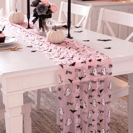 4-Pack Pink Halloween Table Runners 29x70in, Ghost & Bat Sheer Mesh Party Decor