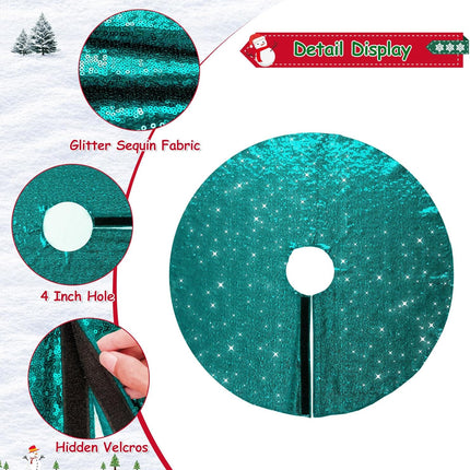 Christmas Tree Skirt, 24" Round – Teal Sequin with Sparkly Small Ornaments for Holiday Parties