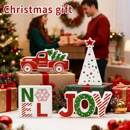 4PCS Christmas Wooden Table Decorations – Red Truck JOY NOEL Tiered Tray Decor
