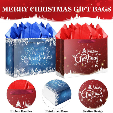 2 Pack Large Christmas Snowflake Gift Bags – With Tissue & Card (Red & Blue)