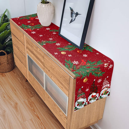 Christmas Red Table Runner – 72" Cotton Linen Gnomes & Cardinals Decor