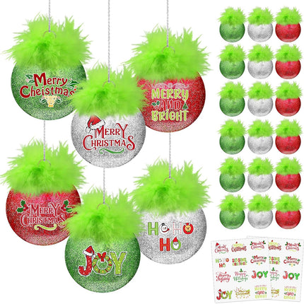 24-Piece Green Furry Christmas Ball Ornaments Red & Lime Green Glitter Hanging Decor