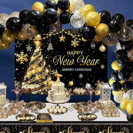 51 PCS New Year 2026 Dinnerware Set Black Gold Plates Napkins Forks Tablecloth