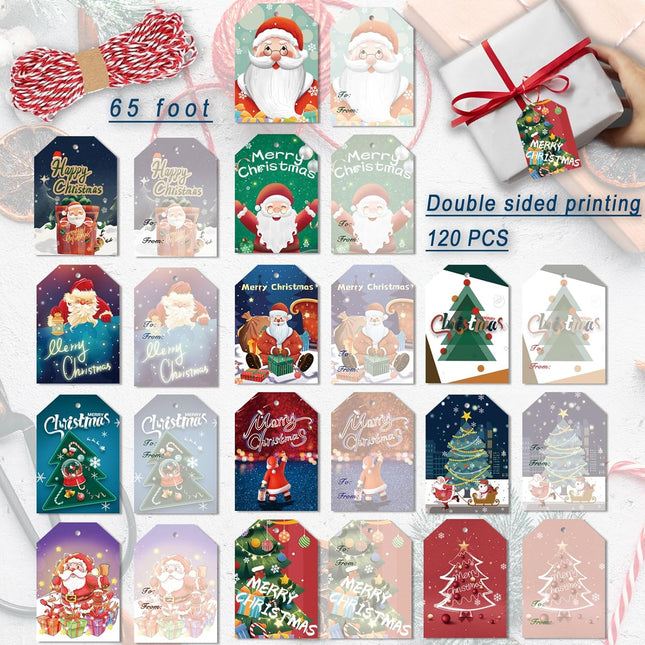 120PCS Christmas Gift Tags with 66ft Ribbon – 12 Styles DIY Gift Wrap