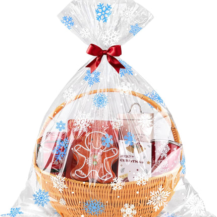10pcs Christmas Cellophane Gift Bags – 24x30" Blue Snowflake Wrap