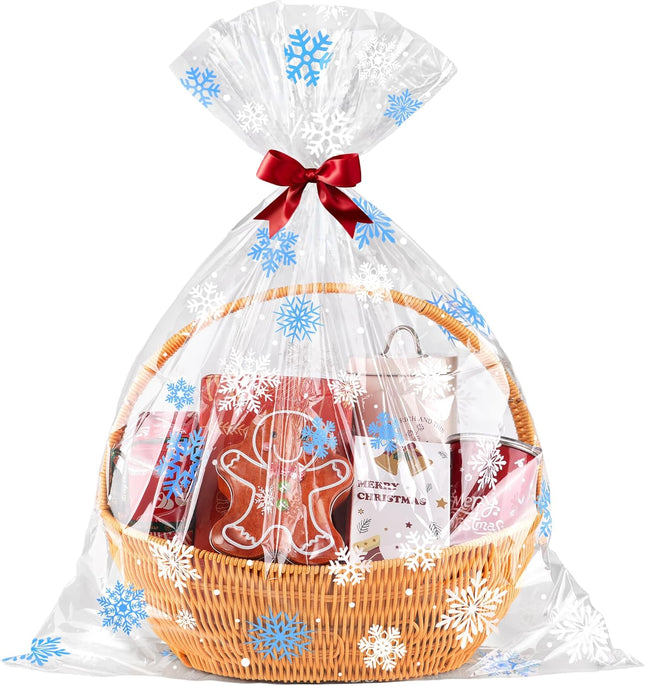 10pcs Christmas Cellophane Gift Bags – 24x30" Blue Snowflake Wrap