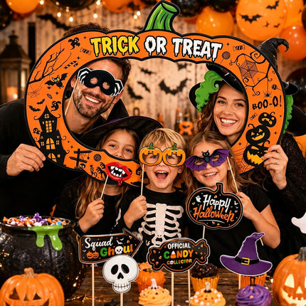 26-Piece Halloween Photo Booth Props Kit, Pumpkin Frame & Spooky Party Accessories