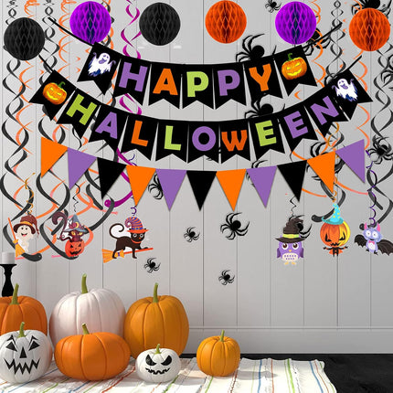 Happy Halloween Banner, Triangle Flags, Confetti, Honeycomb Balls & Swirl Streamers