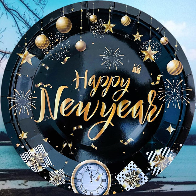 20-Piece 7in New Year Plates – Black & Gold Tableware for Party Decor