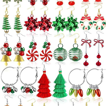 23 Pairs Christmas Earrings Xmas Studs & Dangles, Tree, Snowflake, Bells