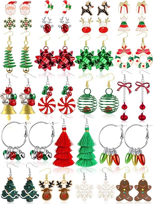 23 Pairs Christmas Earrings Xmas Studs & Dangles, Tree, Snowflake, Bells