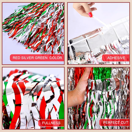 2 Pack Christmas Tinsel Table Skirts – Red, White & Green Foil Fringe Decor