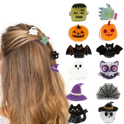 12-Piece Halloween Hair Claw Clips, Pumpkin Ghost Bat Spiderweb Hat Designs