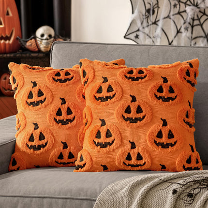 Halloween Pumpkin Throw Pillow Covers 18x18in, Orange Black Ghost Plush Cushion