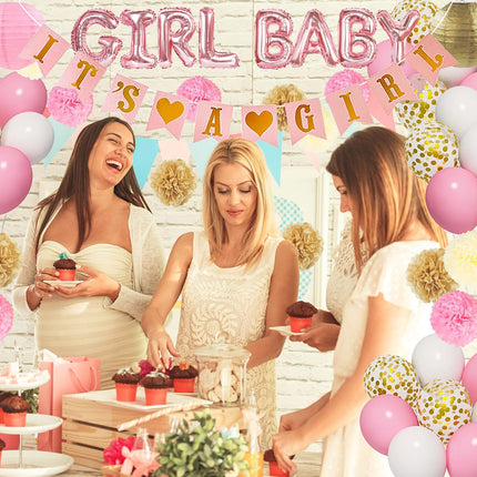 Baby Girl Shower Decorations with Pink Banner Balloons Paper Pom Poms Set