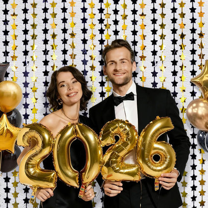 New Year 2026 Party Decorations – 2-Pack Black & Gold Star Fringe Curtains