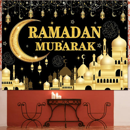 7x5 FT Ramadan Mubarak Backdrop – Black & Gold Crescent Moon & Mosque Design
