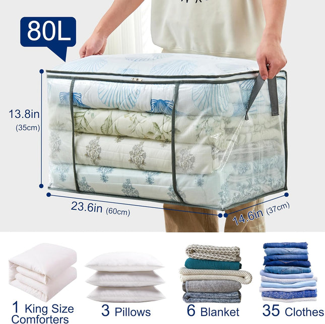 3 Pack 80L Clear Storage Bags Clothes Blanket Organizer with Zippers
