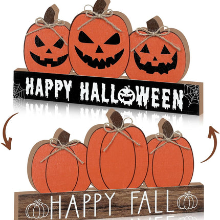 Happy Fall Halloween Wooden Pumpkin Sign, Double-Sided Tabletop Tiered Tray Decor