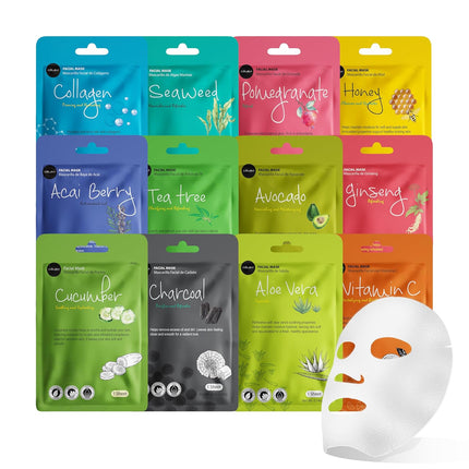 12 Pack Korean Face Sheet Masks, Collagen Aloe Charcoal Facial Spa Skincare Set