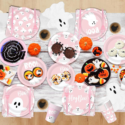 144-Piece Pink Halloween Ghost Plates & Napkins Set, Cute Boo Party Tableware