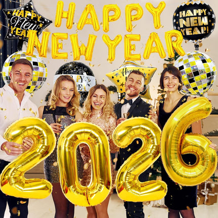 New Year 2026 Balloon Set – Gold Foil & Disco Ball NYE Party Supplies
